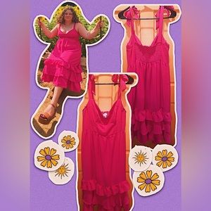 Bright pink midi ruffle dress with bow details barbiecore